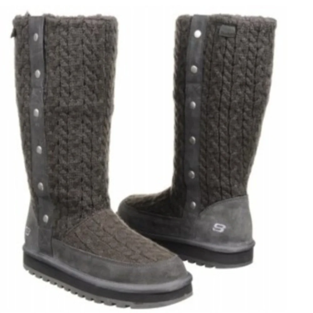 Charcoal Knit & Suede Sketchers Mid Calf Keepsake Boots EUC Size 8